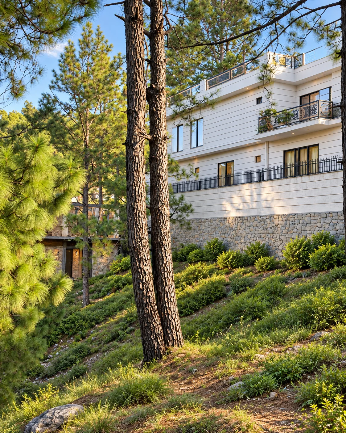 A residence above terraced, planted slopes